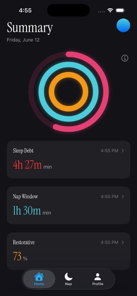 Dozy summary — sleep debt, nap window, restorative rings